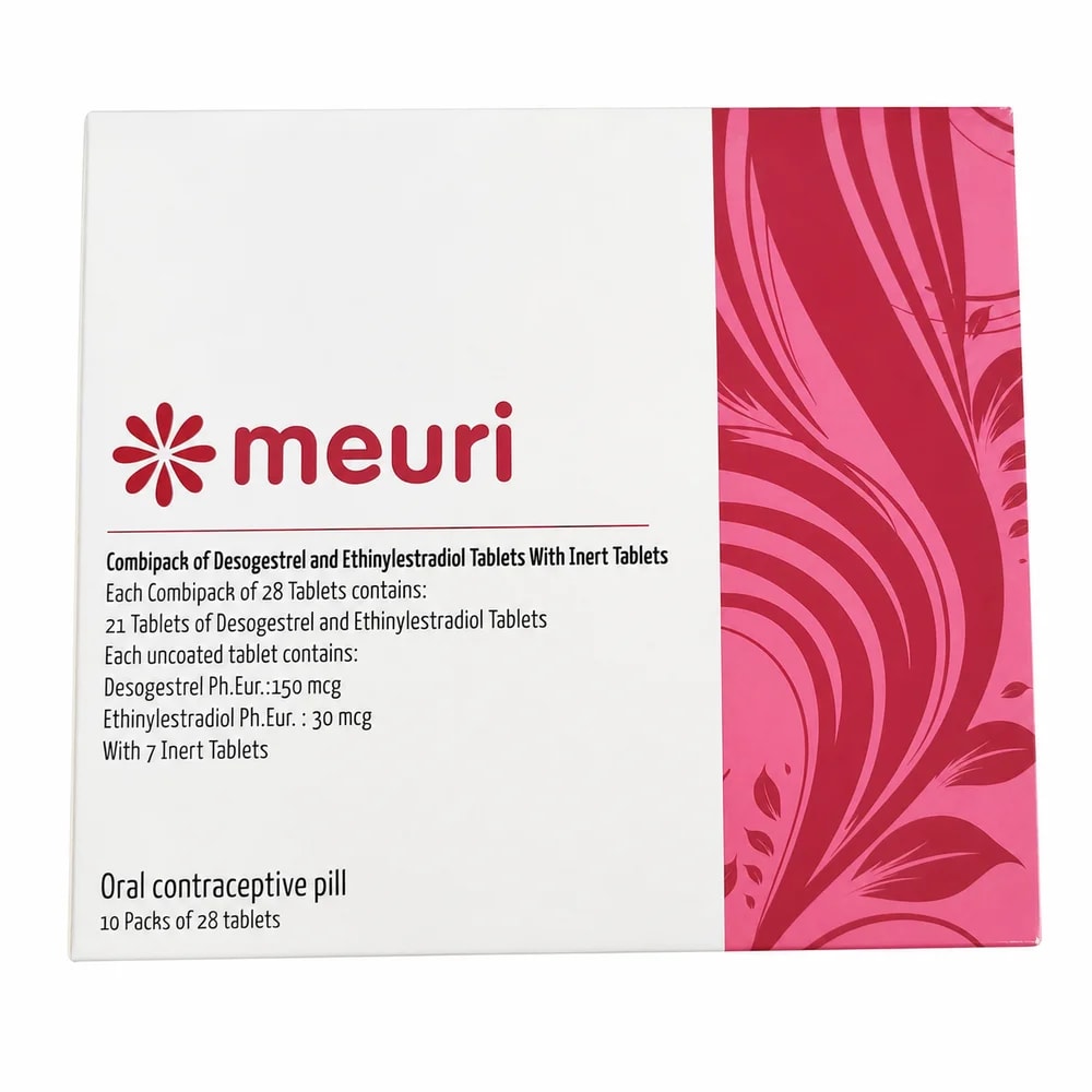 Meuri Desogestrel 0.150 mg + ethinylestradiol 0.030 mg per active tablet; 21 active plus 7 inert tablets per pack - Preah Chan Tep Pharmacy 