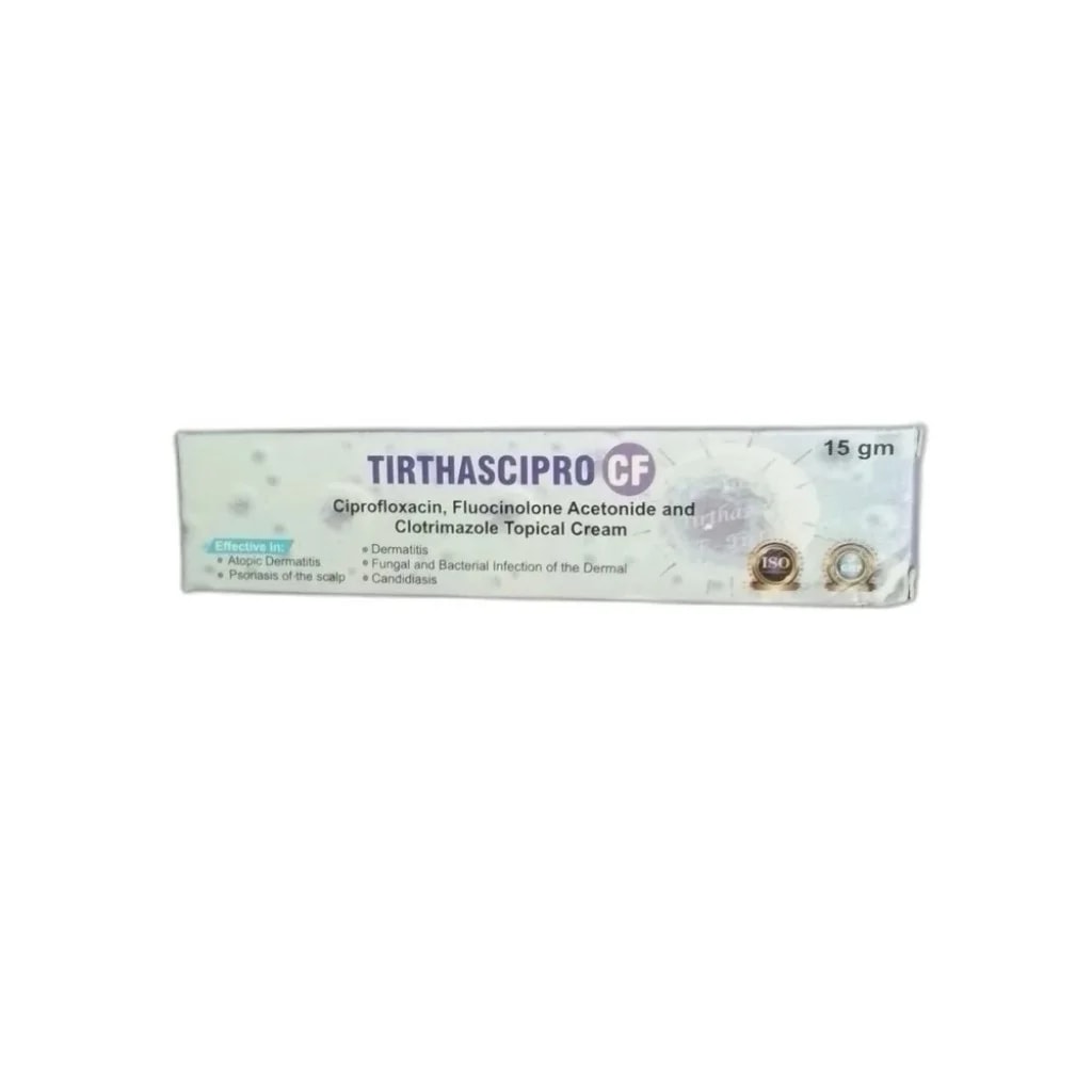 Tirthascipro GF 15 g topical cream containing ciprofloxacin, fluocinolone acetonide, and clotrimazole - Pharmarcy Tareach