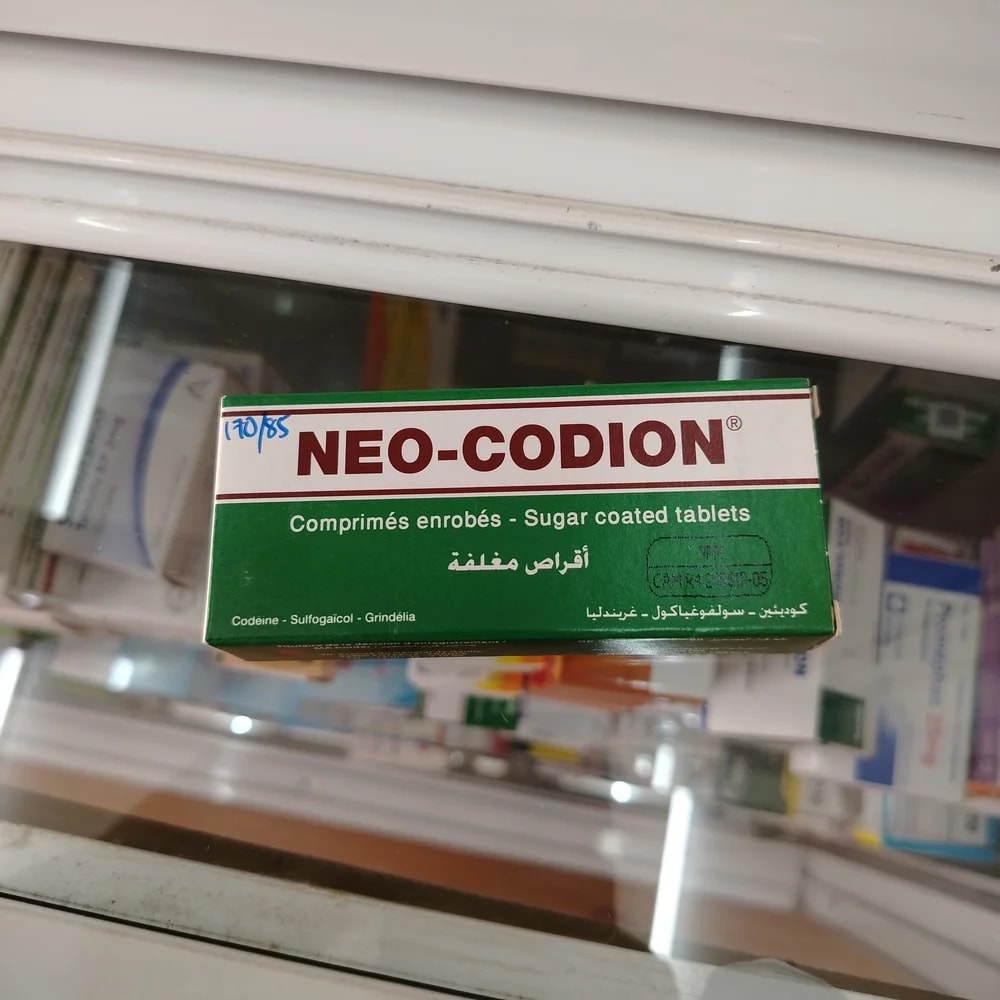 Neo-Codion Per coated tablet: codeine camphosulfonate 25 mg (equivalent to codeine base 14.93 mg), sulfogaiacol 100 mg, and grindelia extract 20 mg - Reachiny Pharmacy