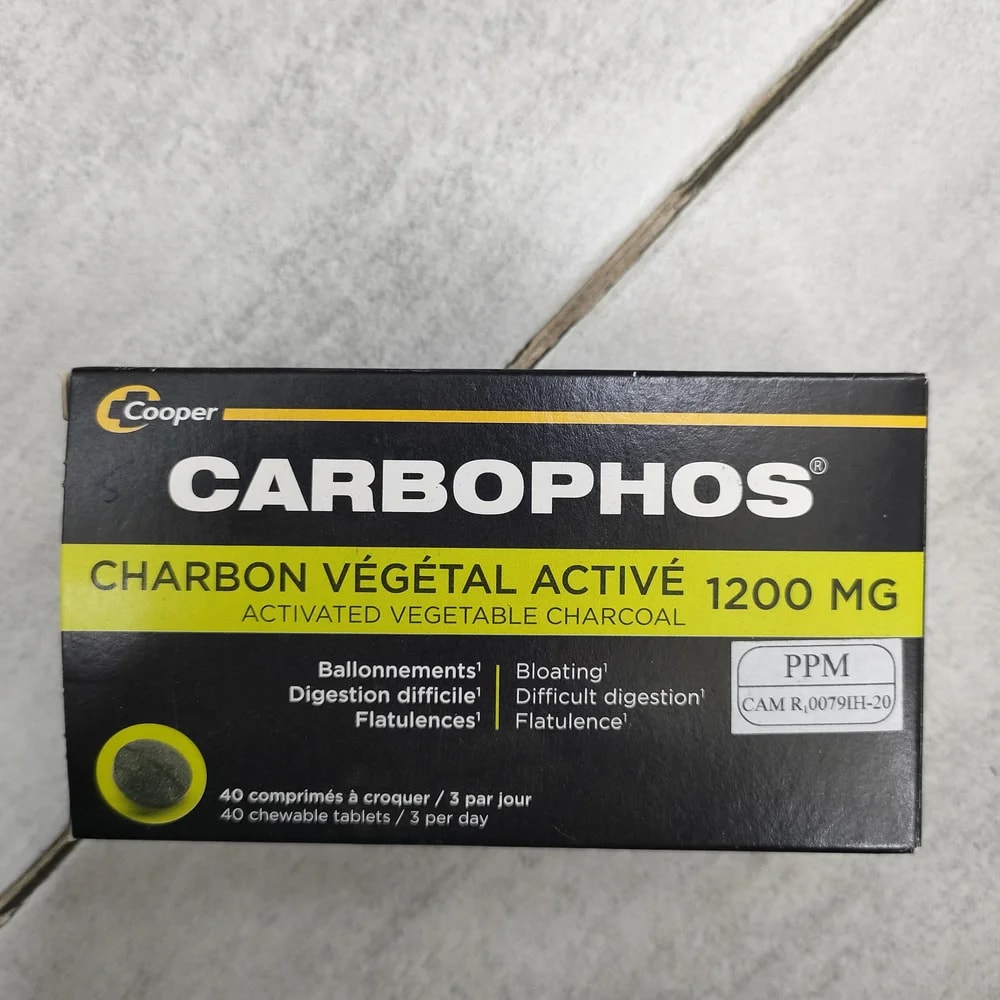 Carbophos Charbon Végétal Activé 1200mg Activated vegetable charcoal 1200 mg per 3 tablets - Depot De Pharmacie "A" Kim Houy