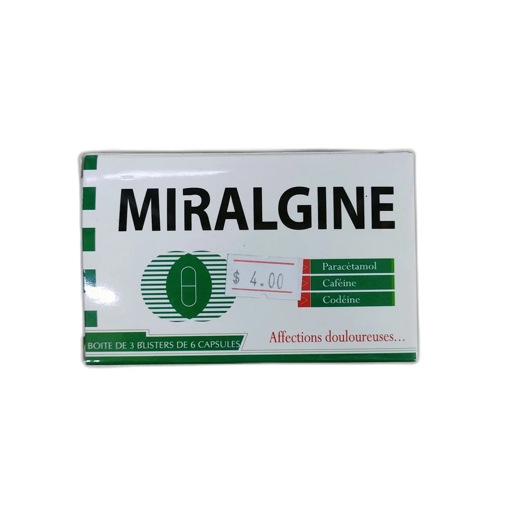 Miralgine Paracetamol 400 mg / Caffeine 62.5 mg / Codeine phosphate hemihydrate 20 mg - Depot de Pharmacie B Rotha
