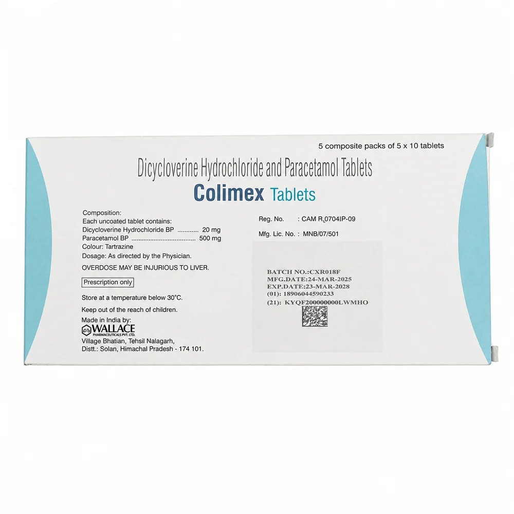 Colimex Dicycloverine hydrochloride 20 mg / Paracetamol 500 mg per tablet - Preah Chan Tep Pharmacy
