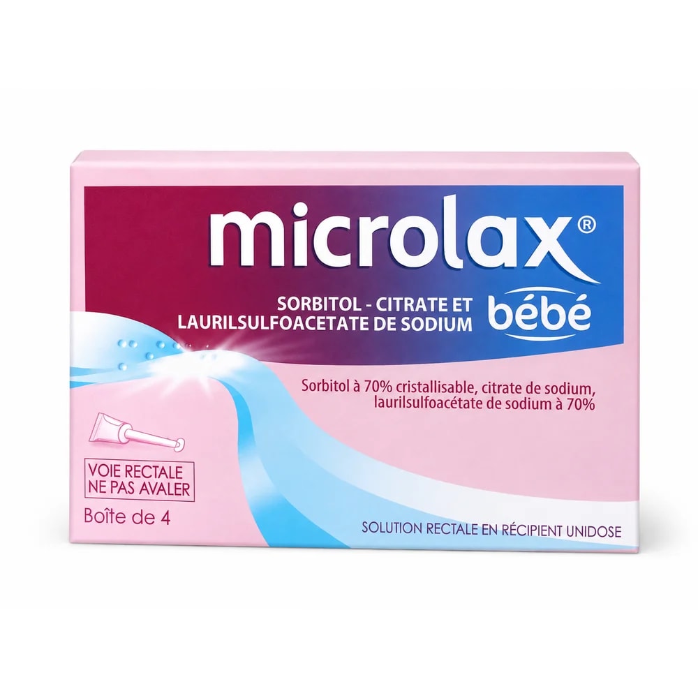 Microlax Bébé Sorbitol 2.679 g, sodium citrate 0.270 g, and sodium laurylsulfoacetate 0.0387 g per single-dose rectal tube, box of 4 - Kim Yi