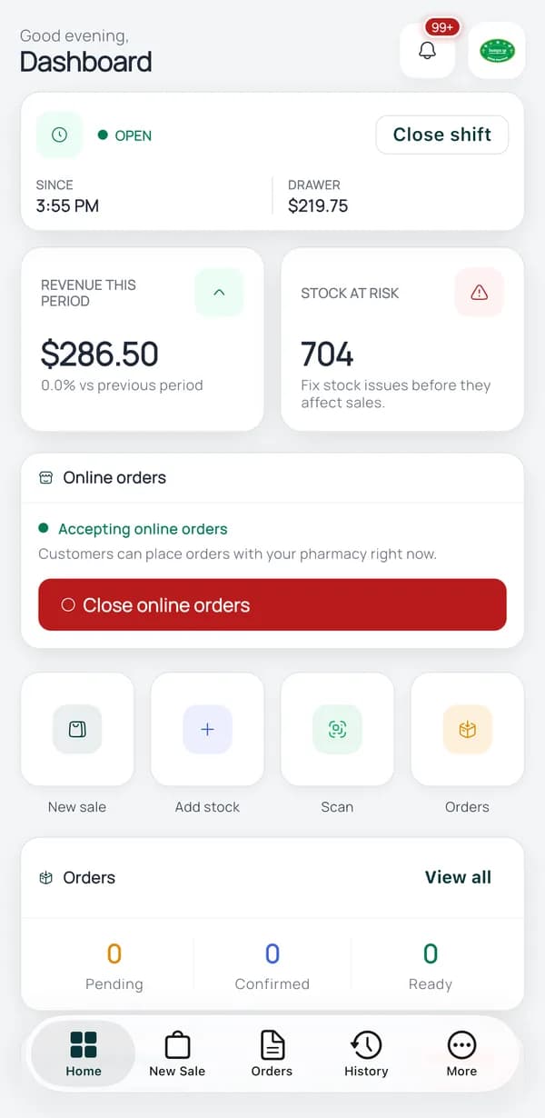 PharmKulen Business dashboard on iPhone: open shift with cash drawer total, revenue for the period, stock at risk, and an online-orders switch.
