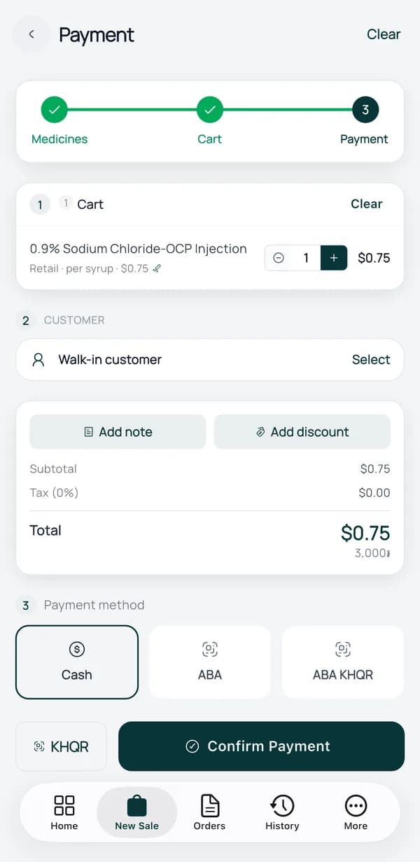 Payment screen in the PharmKulen Business app: cart total shown in US dollars and Khmer riel, with Cash, ABA, and ABA KHQR payment methods.