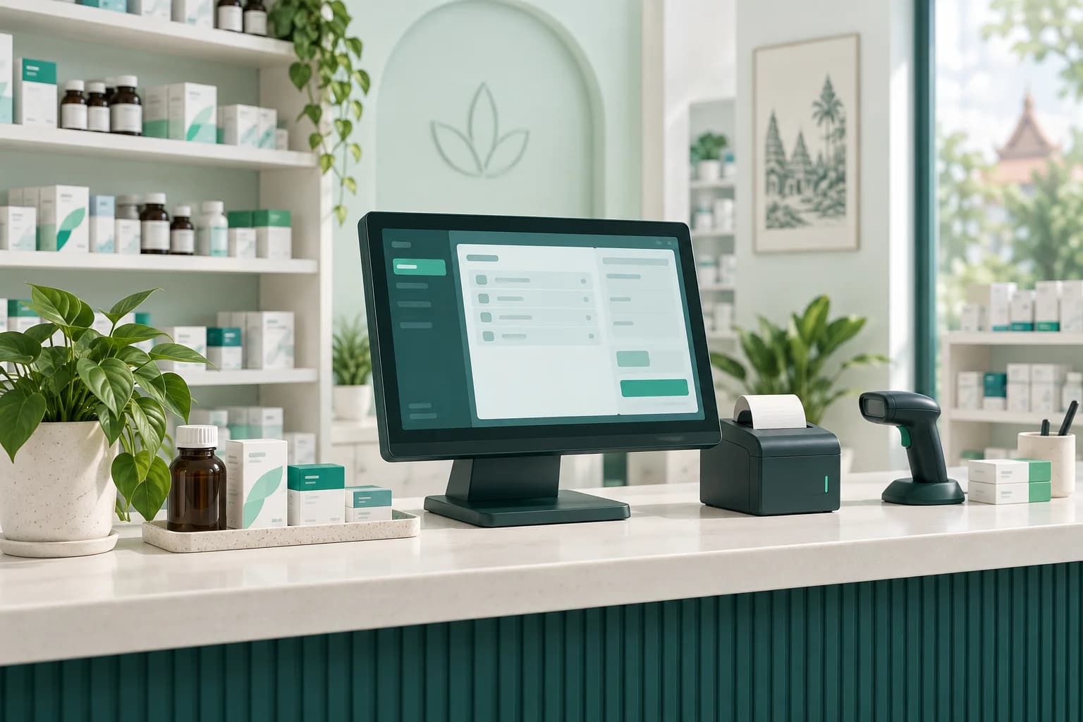 Illustration of a pharmacy counter with a POS terminal, barcode scanner, and receipt printer.