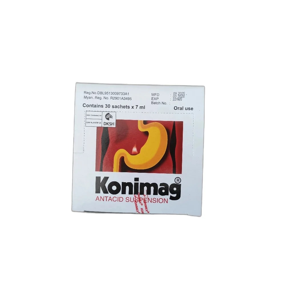 Konimag Antacid Suspension. Magnesium Trisilicate 300mg + Aluminium Hydroxide Dried Gel 300mg + Simethicone 50mg per 7ml sachet - PHARMARCY DARA RAKSMEY KOK CHAMBOK