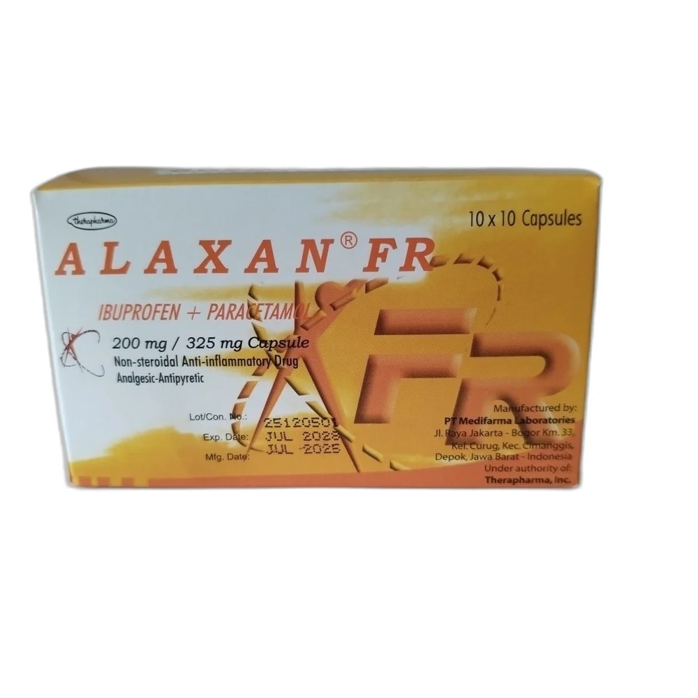 Alaxan FR Ibuprofen 200 mg + paracetamol 325 mg per capsule - ឱសថស្ថាន សុខលាភ