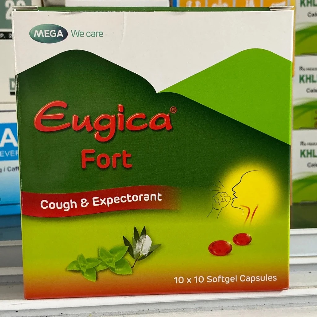 Eugica fort (cough&expectorant) Eucalyptol100mg Oleum colei aromatic 0.36mg menthol0.5mg Oleum Melaceuce 50mg - Pharmacy Pichserey