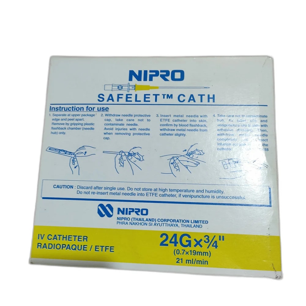 Nipro Safelet Cath 24G x 3/4 inch (0.7 x 19 mm), 21 ml/min - Reachvong Pharmacy