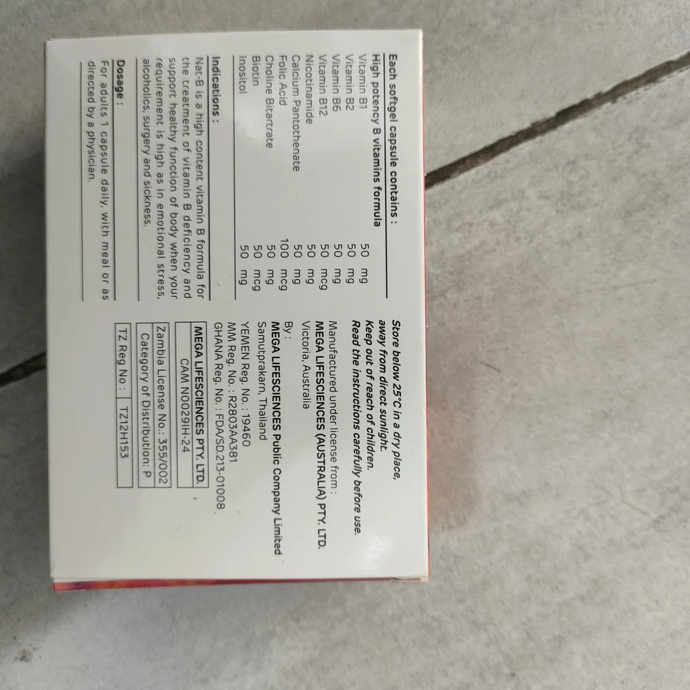 Nat B B1 50 mg, B2 50 mg, B6 50 mg, B12 50 mcg, Nicotinamide 50 mg, Calcium Pantothenate 100 mg, Folic Acid 50 mcg, Biotin 50 mcg, Choline Bitartrate 50 mg, Inositol 50 mg per capsule - Depot De Pharmacie "A" Kim Houy