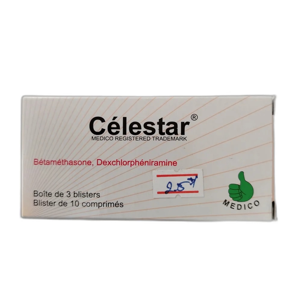 Celestar Betamethasone 0.25 mg + Dexchlorpheniramine maleate 2 mg per tablet (3 blisters x 10 tablets per box, total 30 tablets) - Oudom Puthik Pharmacy