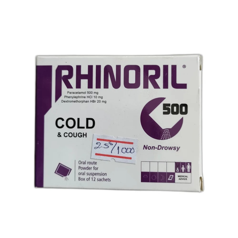 Rhinoril 500 Rhume Paracetamol 500mg / Phenylephrine HCl 10mg / Dextromethorphan HBr 20mg per sachet - MEY PHARMA PHARMACY
