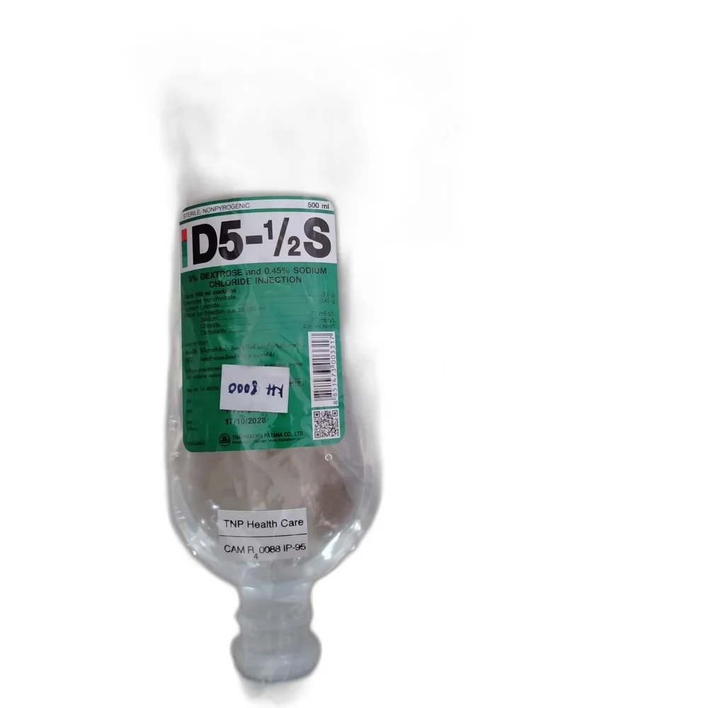 D5-1/2S Dextrose and Sodium Chloride Injection 500 ml (5% Dextrose and 0.45% Sodium Chloride) - Oudom Puthik Pharmacy