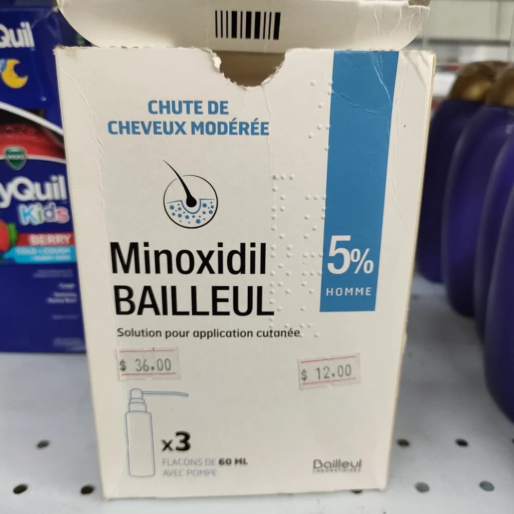 Minoxidil Bailleul 5% Minoxidil 5 g per 100 mL (50 mg/mL); 3 x 60 mL bottles per box