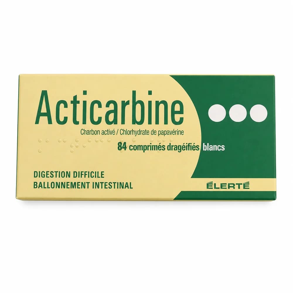 Acticarbine Papaverine hydrochloride 14 mg + activated charcoal 70 mg per tablet