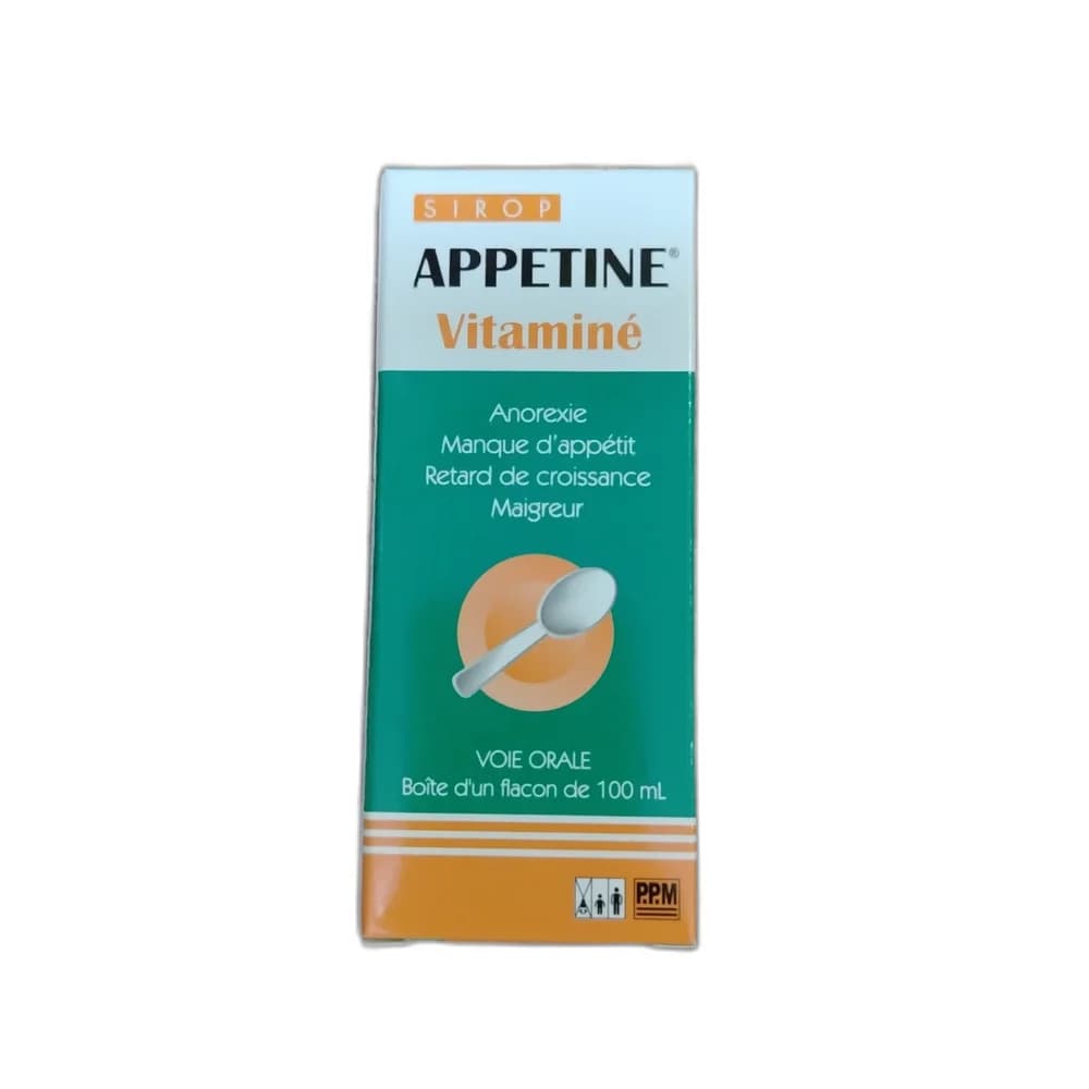 Appetine Vitaminé Per 5 mL: Cyproheptadine hydrochloride 2 mg, L-Lysine HCl monohydrate 150 mg, Thiamine hydrochloride 5 mg, Pyridoxine hydrochloride 5 mg, Nicotinamide 10 mg, Cyanocobalamin 1.5 mcg, Riboflavin sodium phosphate 1 mg