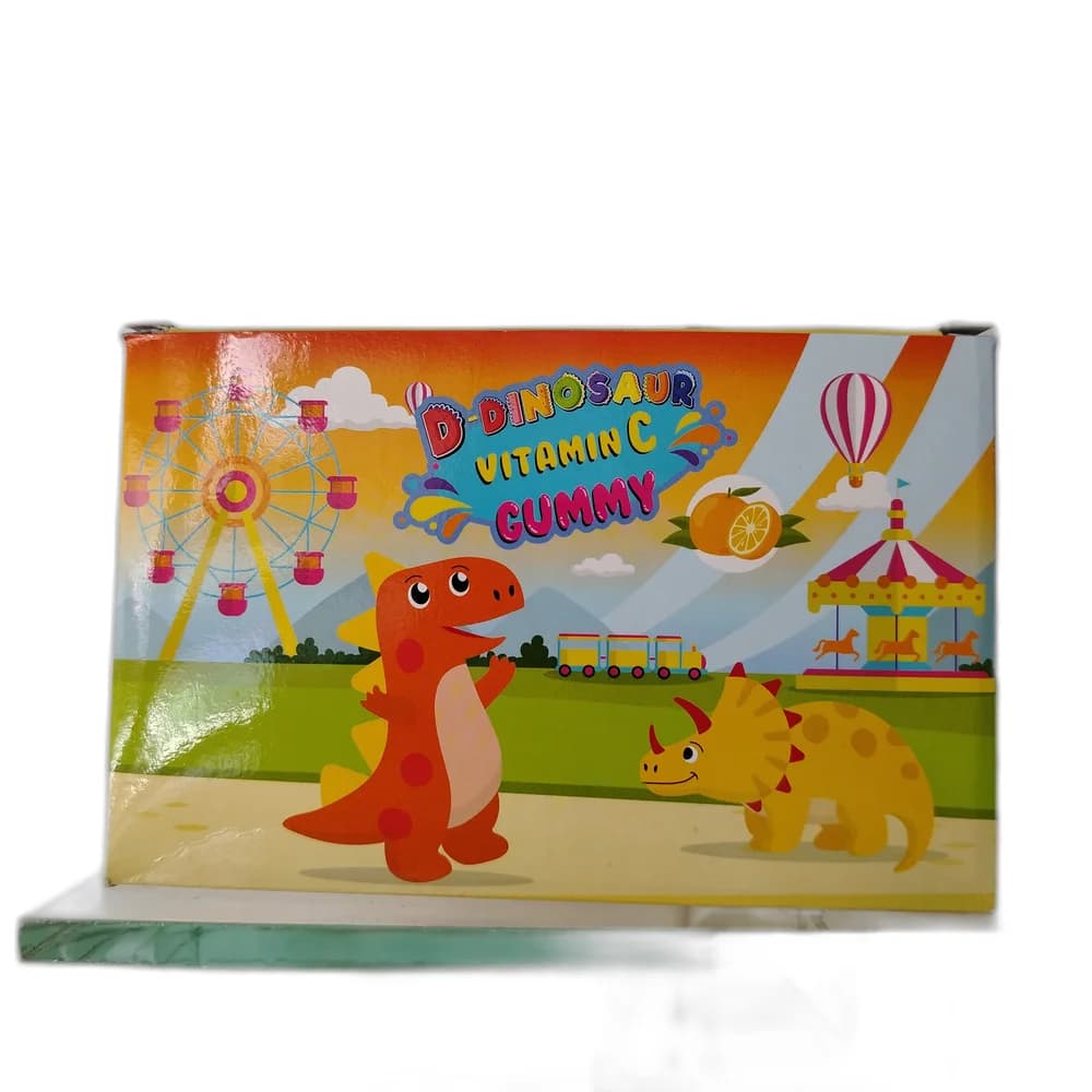 D-Dinosaur Chewable Vitamin C gummies; box containing assorted fruit-flavoured gummies