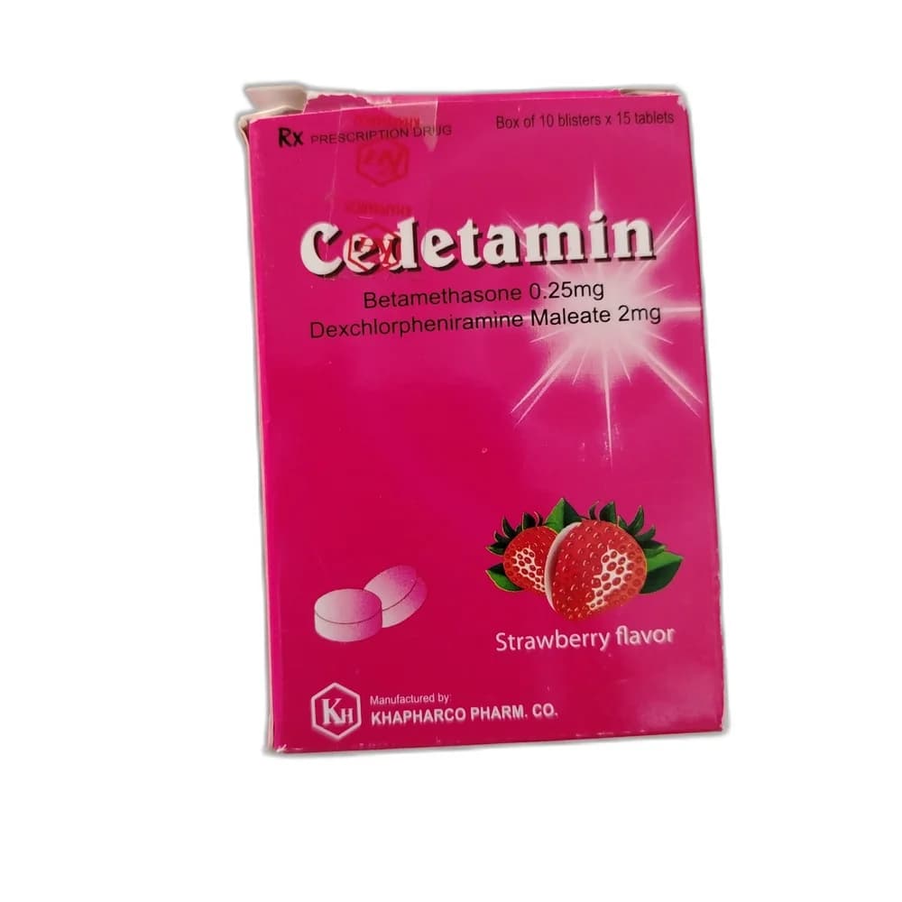 Cedetamin Betamethasone 0.25 mg + Dexchlorpheniramine maleate 2 mg per chewable strawberry-flavored tablet (10 blisters x 15 tablets per box)