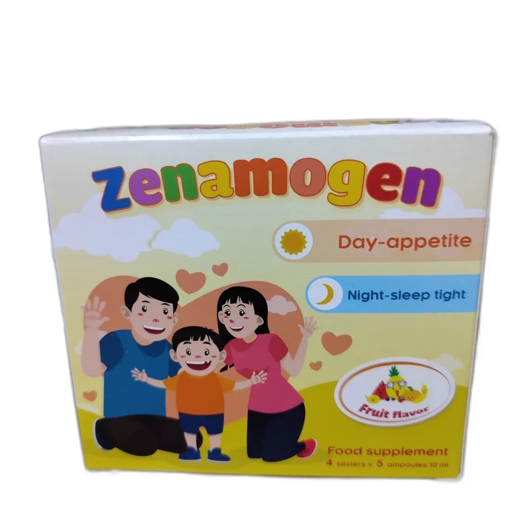 Zenamogen Per 10 ml ampoule: L-Arginine L-Aspartate 1000 mg, Lysine HCl 200 mg, Vitamin B1 1.5 mg, Vitamin B6 1.5 mg, Vitamin PP 7.0 mg, Artichoke 10 mg, Hops Flower 20 mg, Valerian 20 mg, Yeast peptone 20 mg