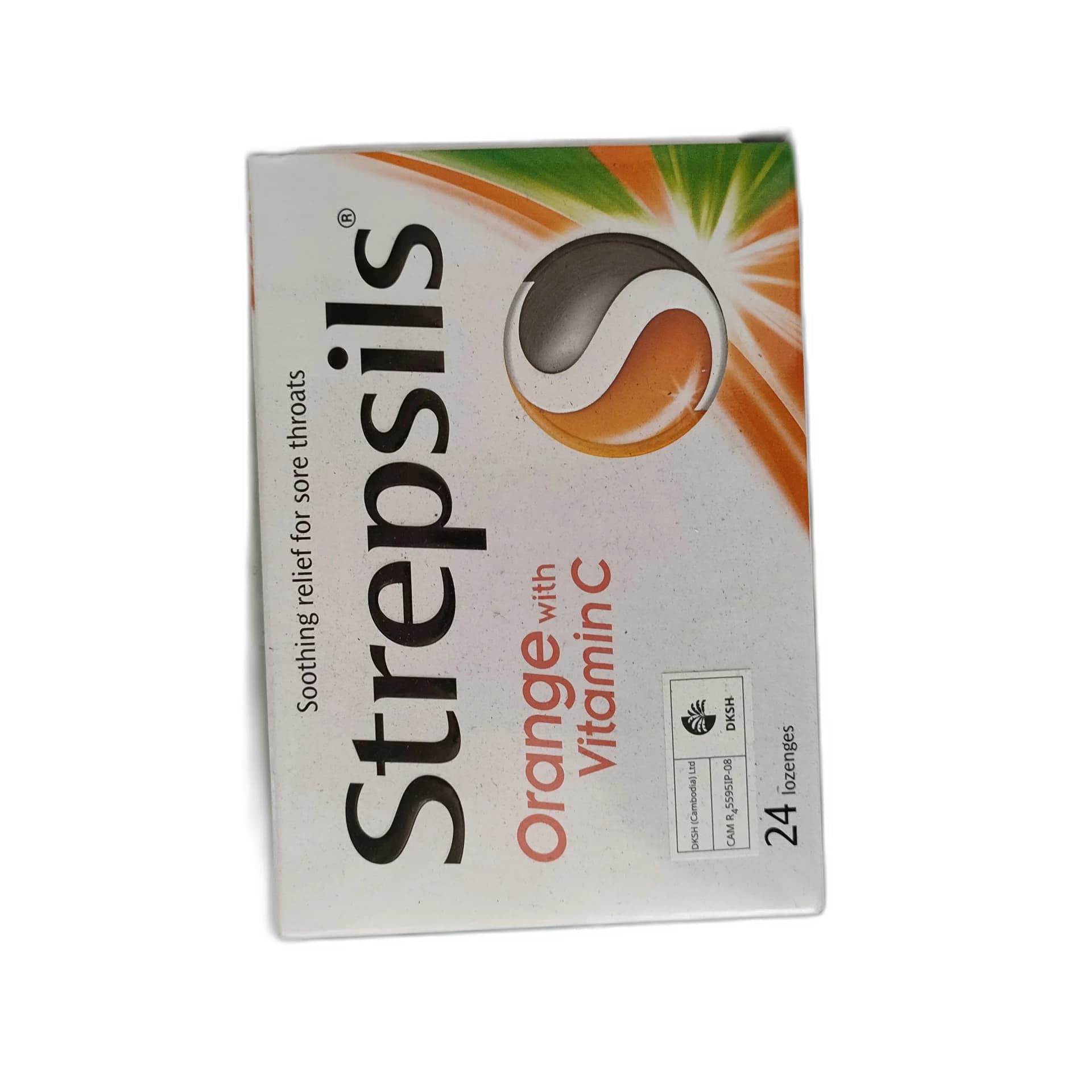 Strepsils Orange with Vitamin C Dichlorophenylcarbinol 1.2 mg / Amylmetacresol 0.6 mg / Vitamin C 100 mg per lozenge
