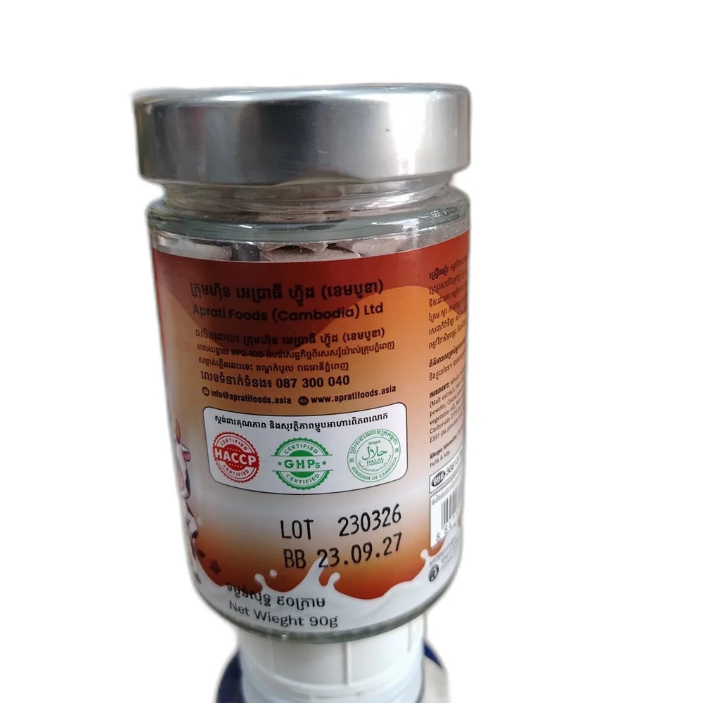 Aprati Milk Tablet (Chocolate) 154 mg calcium / 98 mcg vitamin A / 0.17 mg vitamin B1 / 12 mg vitamin C / 1.4 mcg vitamin D3 per 15-tablet serving (10.5 g); net weight 90 g per jar - PHARMACIE LA BELLE PHARMA