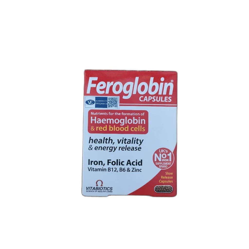 Vitabiotics Feroglobin Capsules Iron 24mg + Folic Acid 400mcg + B12 6mcg + B6 2mg + Zinc 5mg per capsule