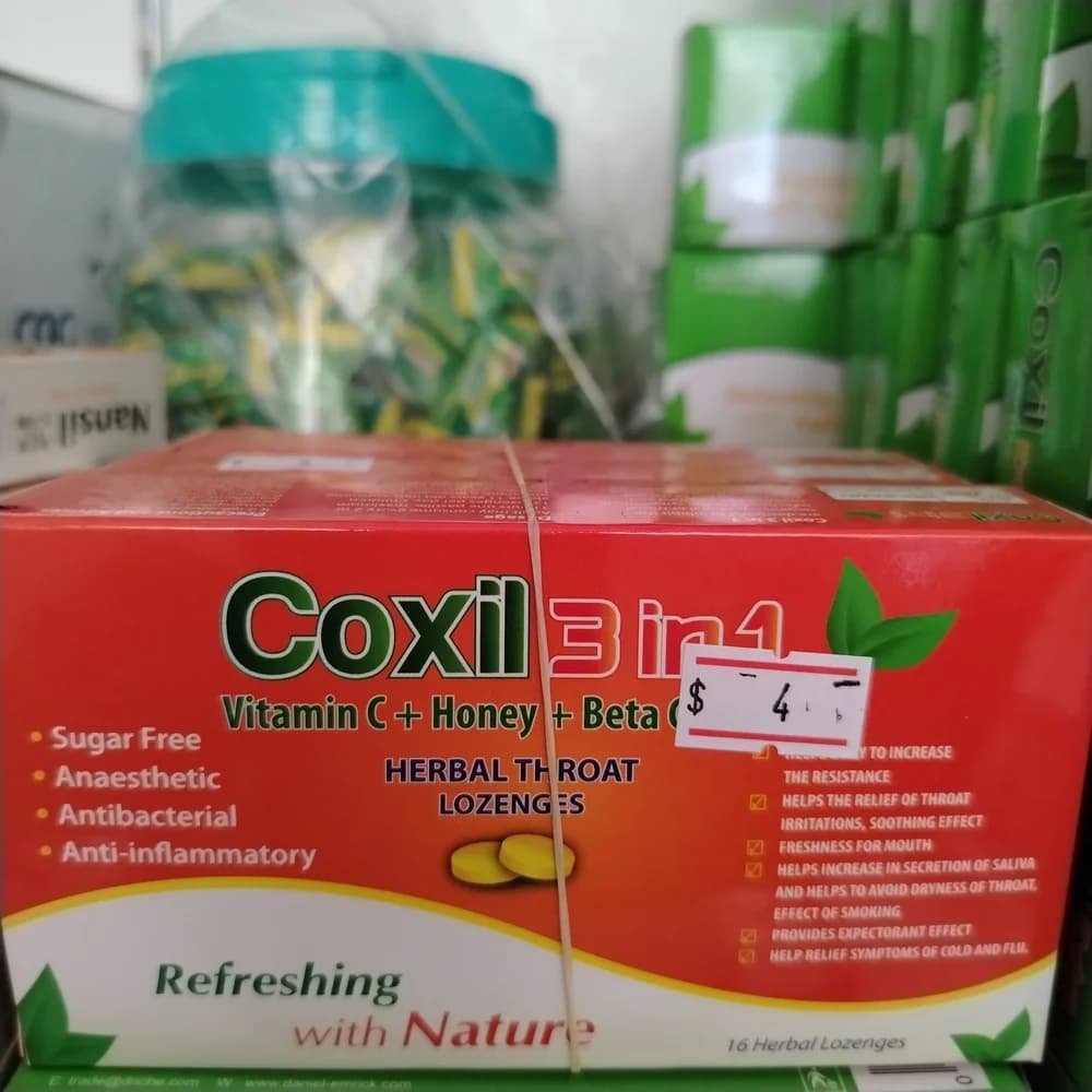 Coxil 3 in 1 Vitamin C 17.5 mg, beta glucan powder 9.5 mg, ginger oil 9.0 mg, propolis extract 3.8 mg per lozenge