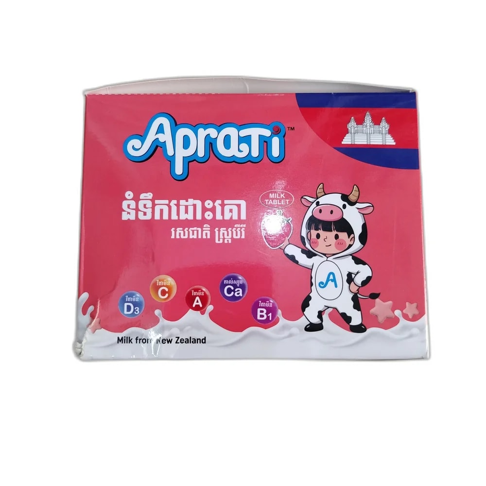 Aprati Milk Tablet (Strawberry) 154 mg calcium / 98 mcg vitamin A / 0.17 mg vitamin B1 / 12 mg vitamin C / 1.4 mcg vitamin D3 per pack (15 tablets / 10.5 g) - PHARMACIE LA BELLE PHARMA