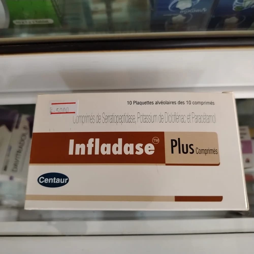 Infladase Plus Seratiopeptidase 10 mg (20,000 units) + diclofenac potassium 50 mg + paracetamol 500 mg; chewable tablet