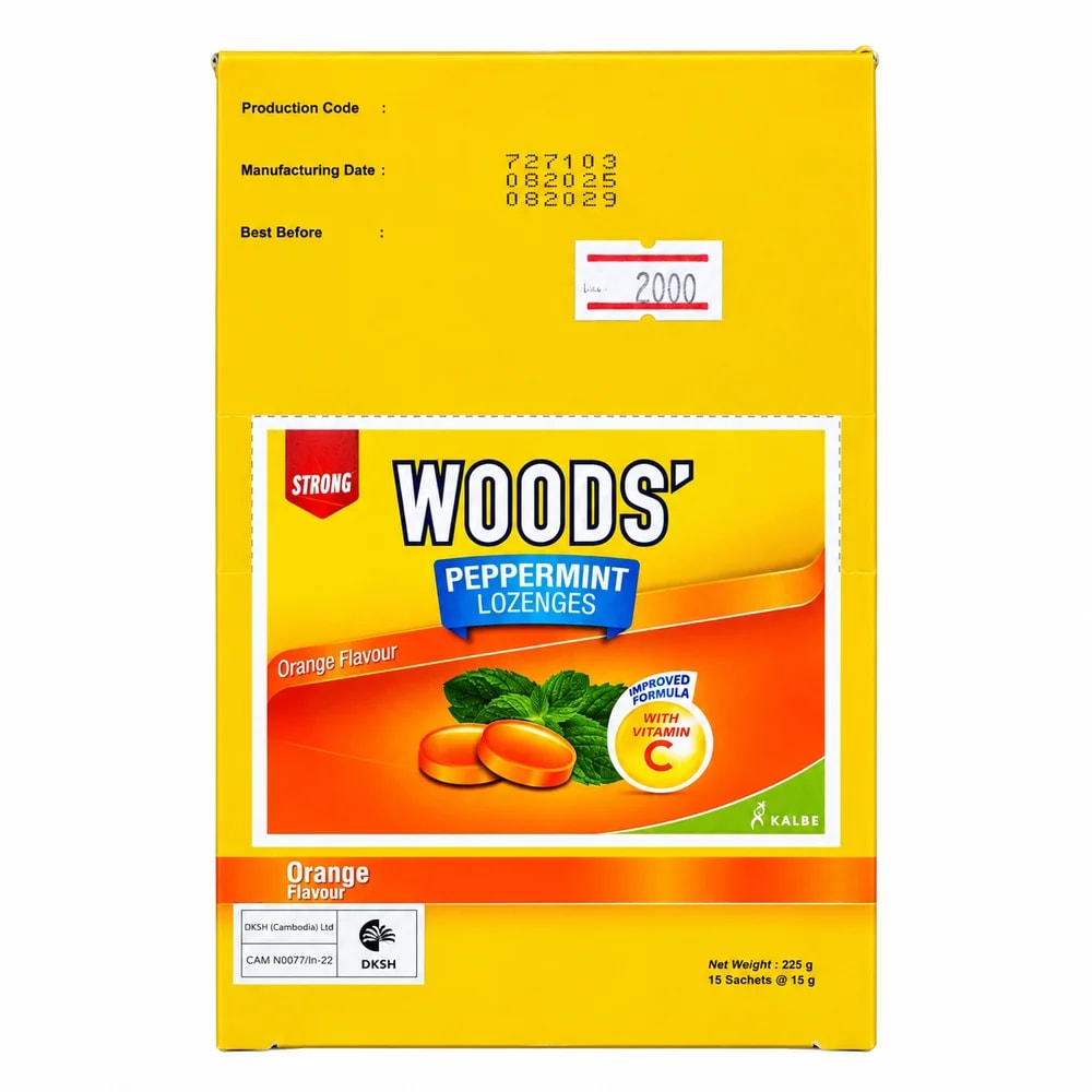 WOODS' Peppermint Lozenges Orange Flavour 90.25 mg / 5 mg / 0.75 mg - Pharmacy Krech hong