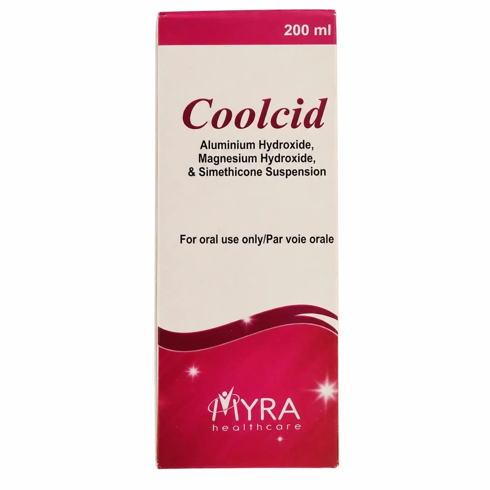 Coolcid Aluminium hydroxide 225 mg + magnesium hydroxide 200 mg + simethicone 50 mg per 5 mL oral suspension - Preah Chan Tep Pharmacy