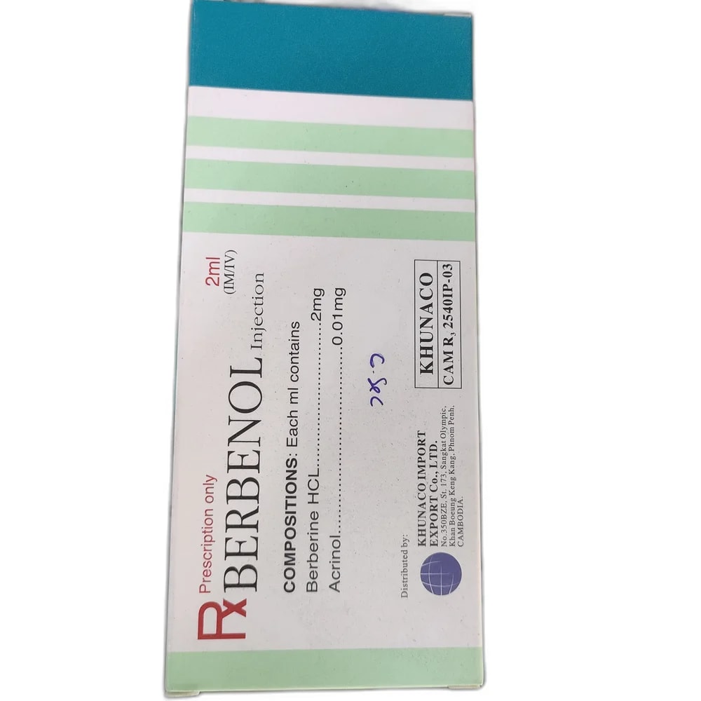 Berbenol 2ml per ampoule; each ml contains Berberine HCL 2mg + Acrinol 0.01mg - PHARMACIE PORNLEU PICH