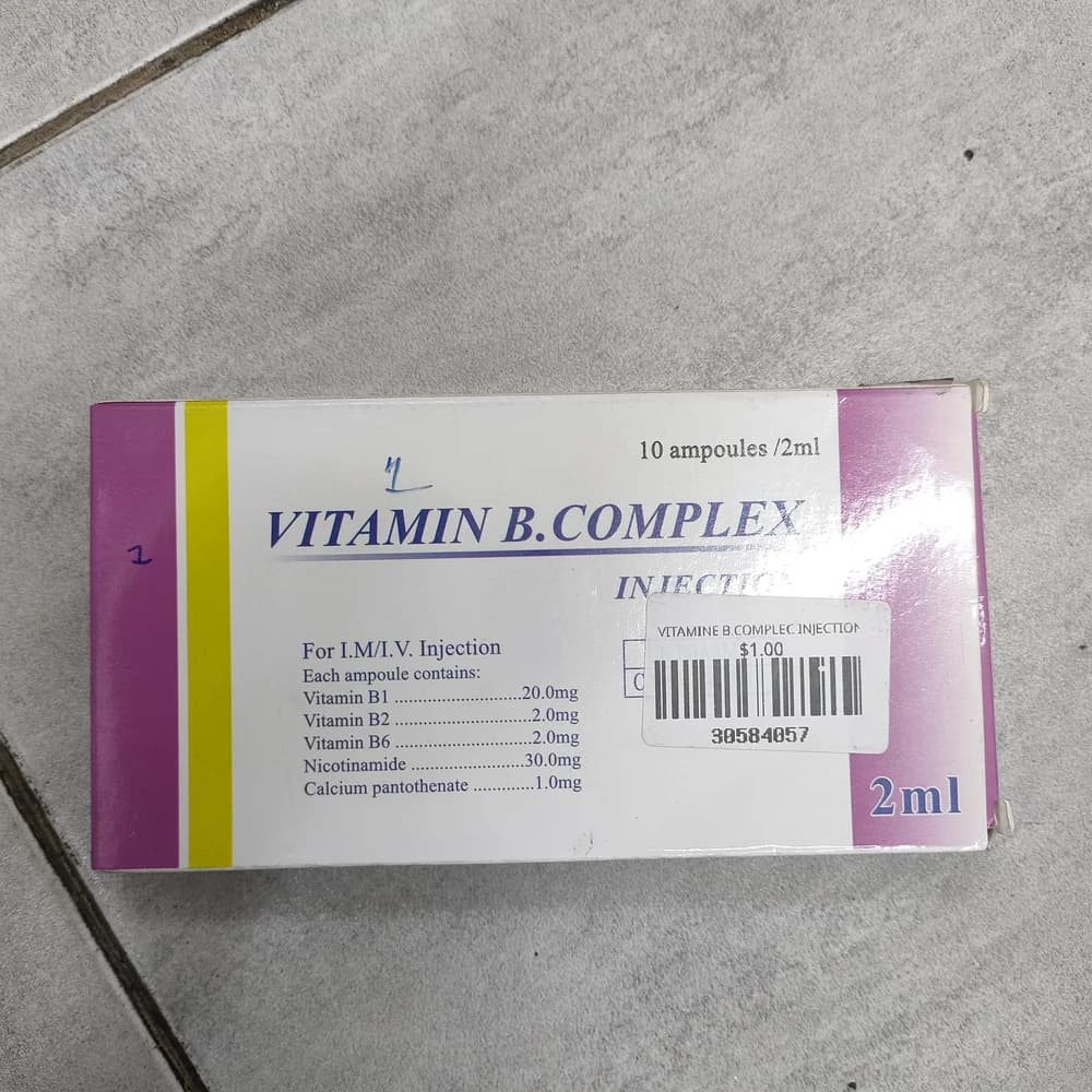 Vitamin B-Complex Injection Per 2 ml ampoule: B1 20mg, B2 2mg, B6 2mg, Nicotinamide 30mg, Calcium Pantothenate 1mg