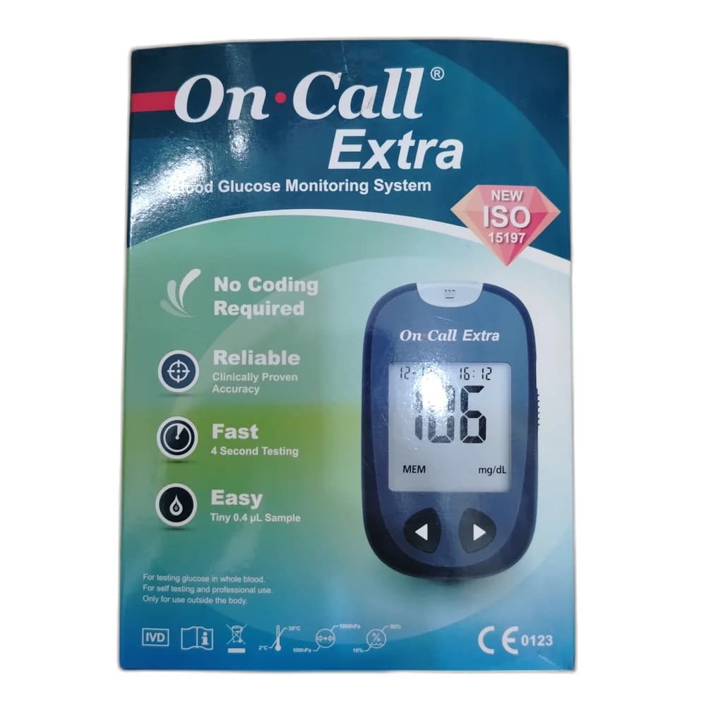 On Call Extra Blood Glucose Monitoring System REF G115-10H, model OGM-191; kit includes meter, 10 test strips, 10 sterile lancets, lancing device, control solution and carrying case