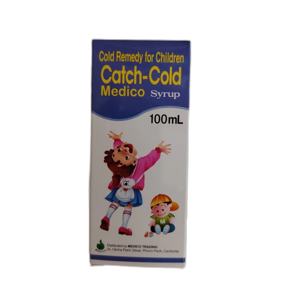 Catch-Cold Medico Per 100 mL: Acetaminophen 650 mg, Chlorpheniramine maleate 4.15 mg, DL-Methylephedrine HCl 41.5 mg, Guaifenesin 138.5 mg, Dextromethorphan HBr 26.65 mg, Anhydrous caffeine 50 mg, Thiamine nitrate 10 mg, Riboflavin 5 mg, Glycyrrhiza extract 133.33 mg, Platycodon fluid extract 1500 mg - PHARMACIE RATANAK