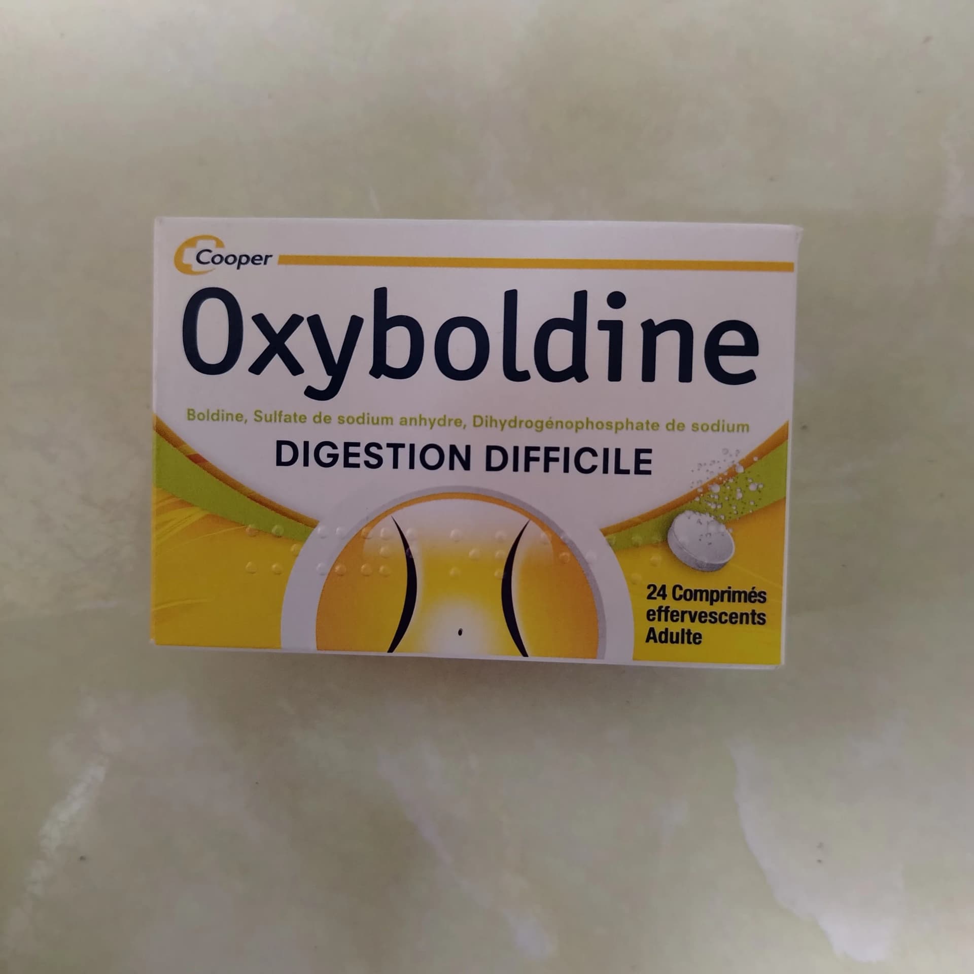 Oxyboldine 0.5 mg Boldine, 54.0 mg Anhydrous Sodium Sulfate, 132.0 mg Sodium Dihydrogen Phosphate per effervescent tablet