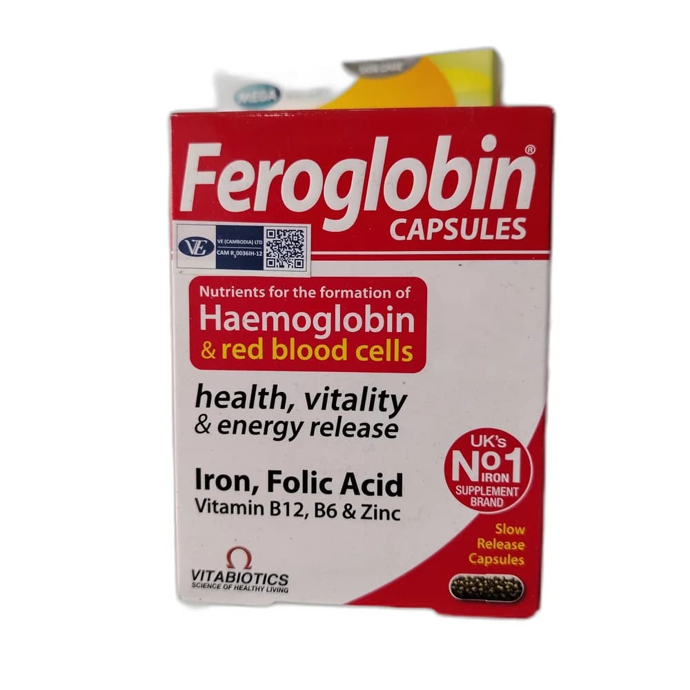 Feroglobin Capsules Iron 24 mg / Zinc 12 mg / Copper 2000 mcg / Folic Acid 500 mcg / Vitamin B12 10 mcg / Vitamin B6 5 mg per capsule