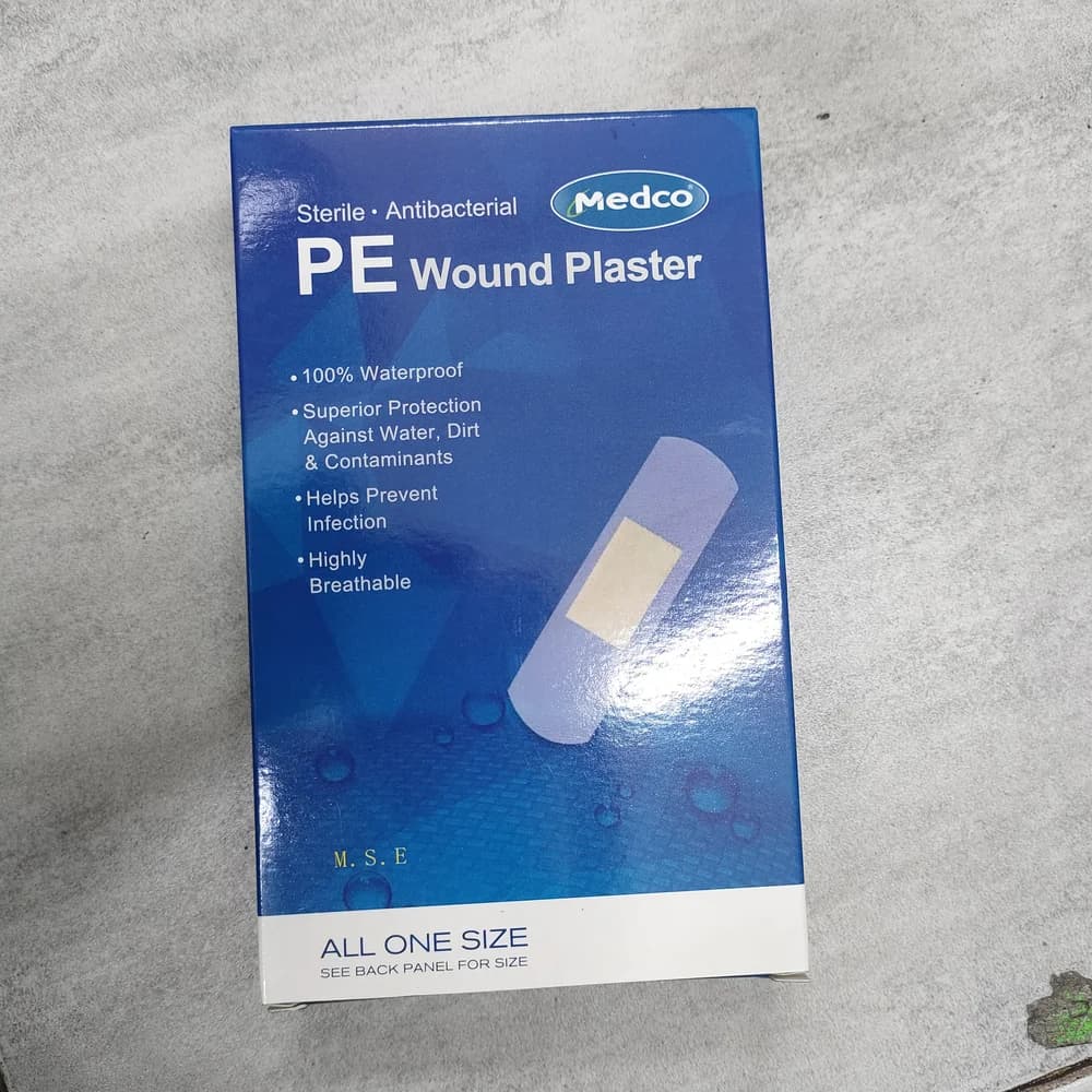 Medco Sterile Antibacterial PE Wound Plaster Adhesive wound plaster — sizes 7.2 x 1.9 cm and 7.6 x 1.9 cm