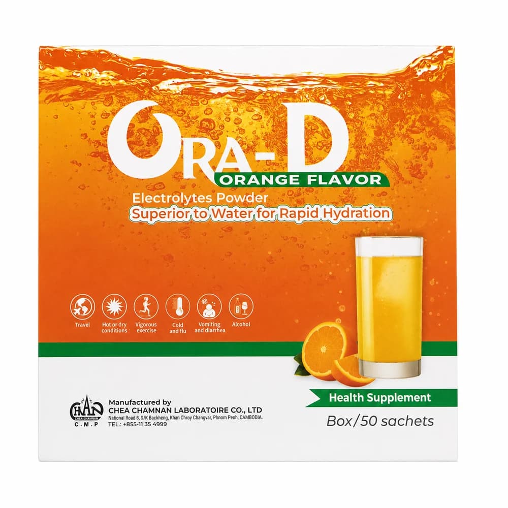 Ora-D Orange-flavored electrolyte powder, box of 50 sachets