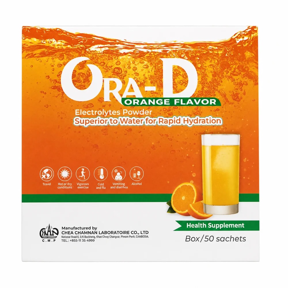 Ora-D Orange-flavored electrolyte powder, box of 50 sachets - Preah Chan Tep Pharmacy