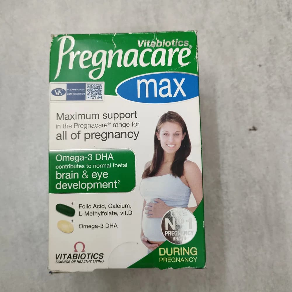 Vitabiotics Pregnacare Max 400 mcg folic acid (as L-Methylfolate), 10 mcg Vitamin D, 500 mg Calcium, 300 mg DHA per daily dose (2 tablets + 1 Omega-3 capsule)