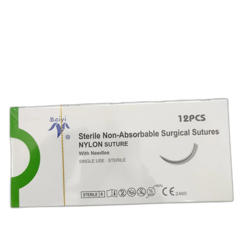 Meiyi Nylon Suture 3/0 (2 metric), 75 cm, 26 mm 3/8 circle reverse cutting needle - PHARMACIE MONGKUL