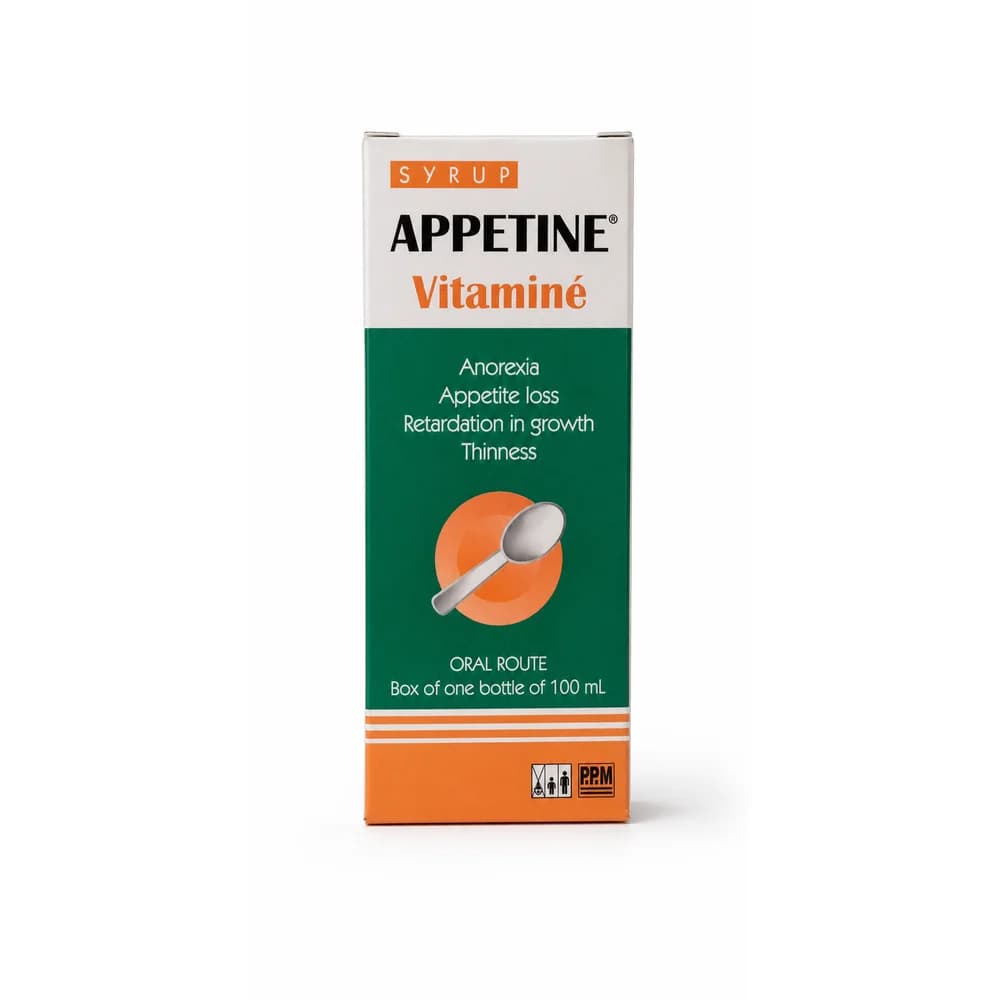 Appetine Vitaminé Syrup Cyproheptadine 2 mg / L-lysine 150 mg / Thiamine 5 mg / Pyridoxine 5 mg / Nicotinamide 10 mg / Cyanocobalamin 1.5 µg / Riboflavin 1 mg per 5 mL