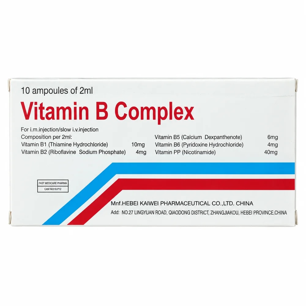 Vitamin B Complex Injection Vitamin B complex injection; per 2 mL ampoule: B1 10 mg, B2 (riboflavin sodium phosphate) 4 mg, B5 (calcium dexpanthenate) 6 mg, B6 4 mg, nicotinamide 40 mg - Reachiny Pharmacy