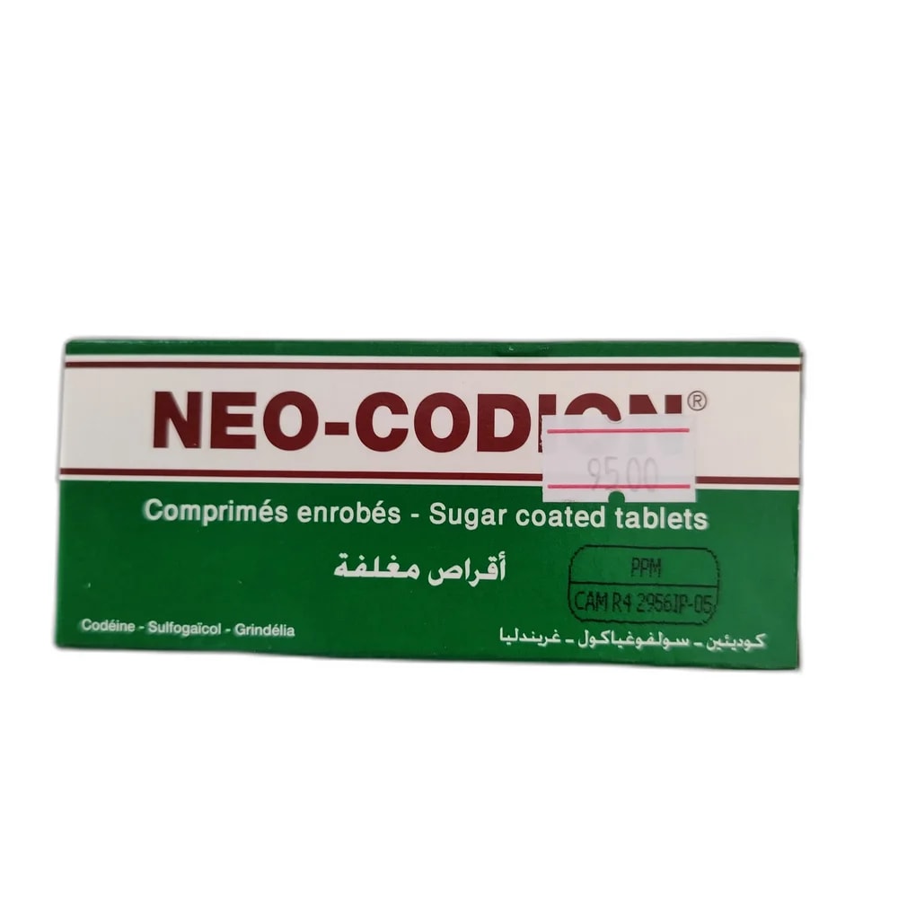 Neo-Codion Sugar-coated tablet (20 tablets per box) containing codeine camphosulfonate 25 mg, sulfogaiacol 100 mg, and grindelia extract 20 mg - Oudom Puthik Pharmacy