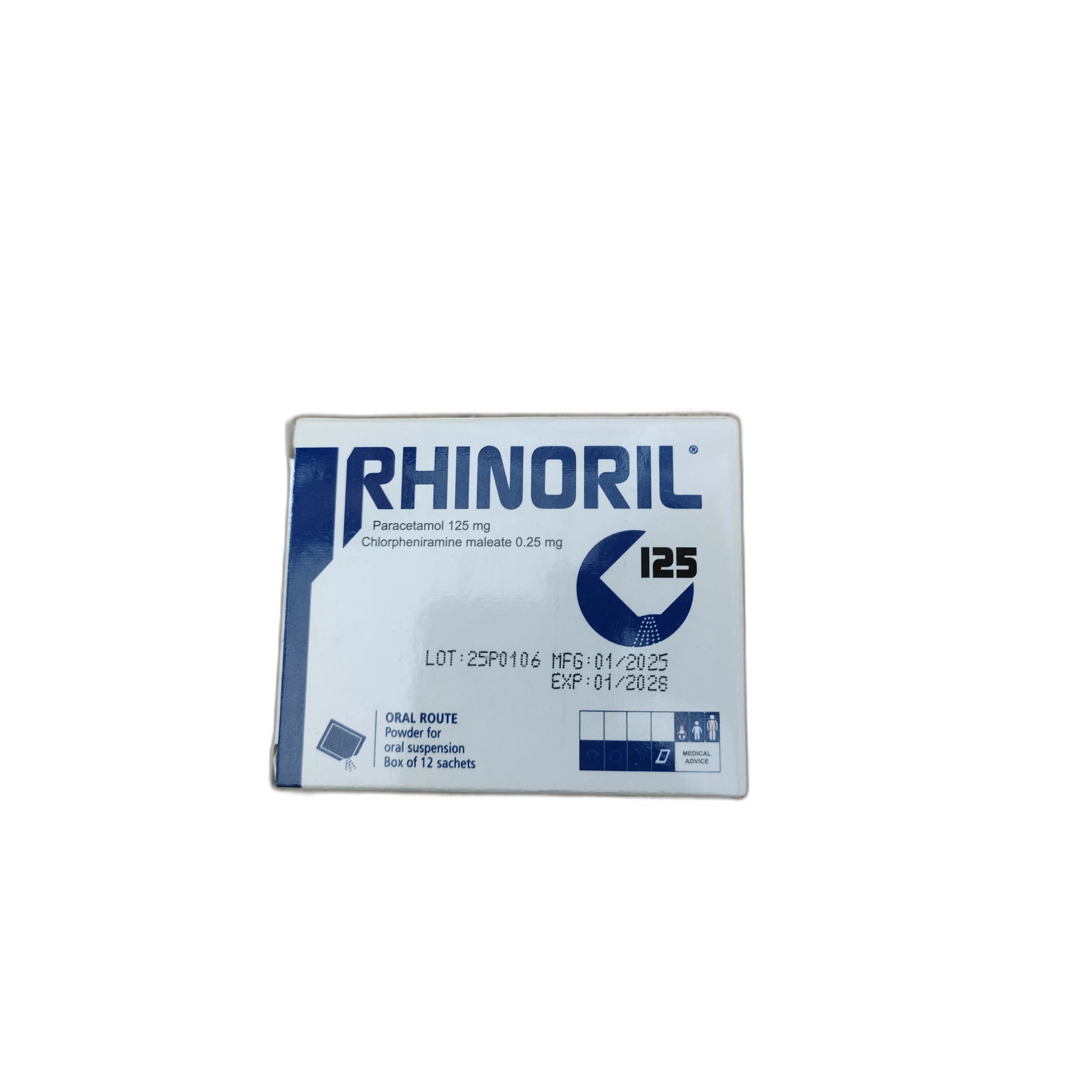 Rhinoril 125 Sachets Paracetamol 125 mg + Chlorpheniramine maleate 0.25 mg per sachet - PHARMARCY DARA RAKSMEY KOK CHAMBOK