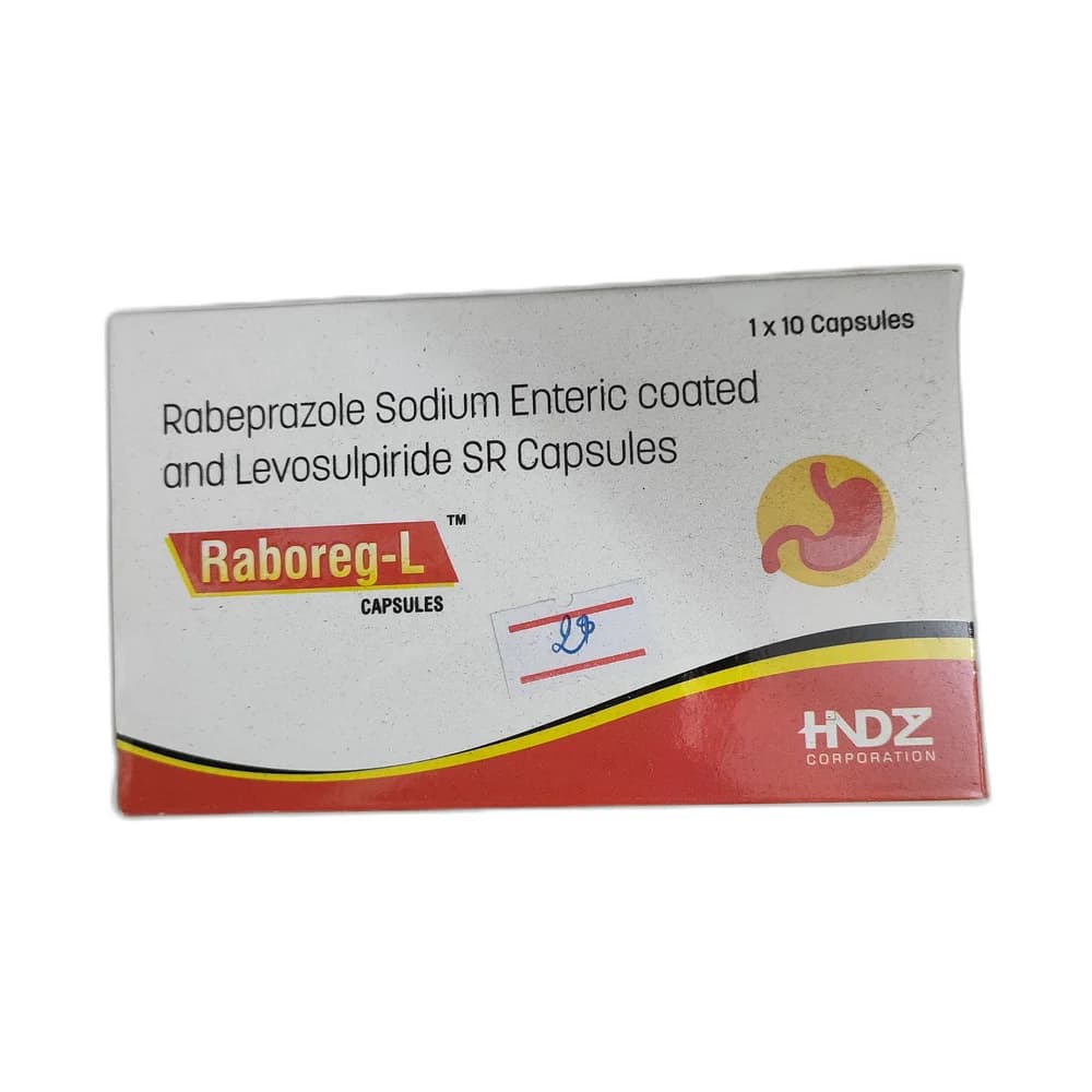 Raboreg-L Rabeprazole Sodium 20 mg (enteric coated pellets) + Levosulpiride 75 mg (sustained release pellets) per capsule.