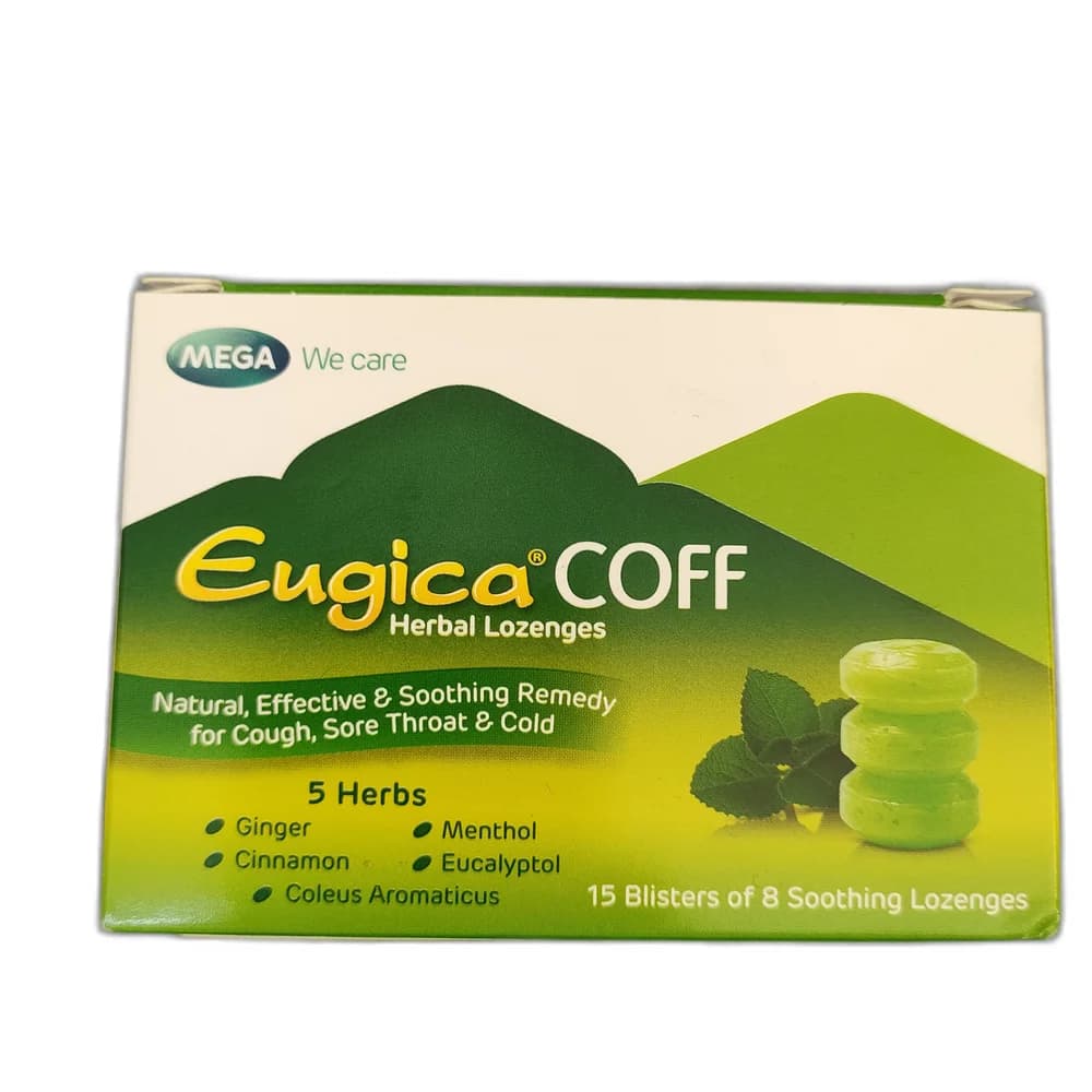 Eugica Coff Menthol 0.280%, Cinnamon oil 0.082%, Eucalyptol 0.063%, Ginger oil 0.051%, Coleus aromaticus oil 0.040%
