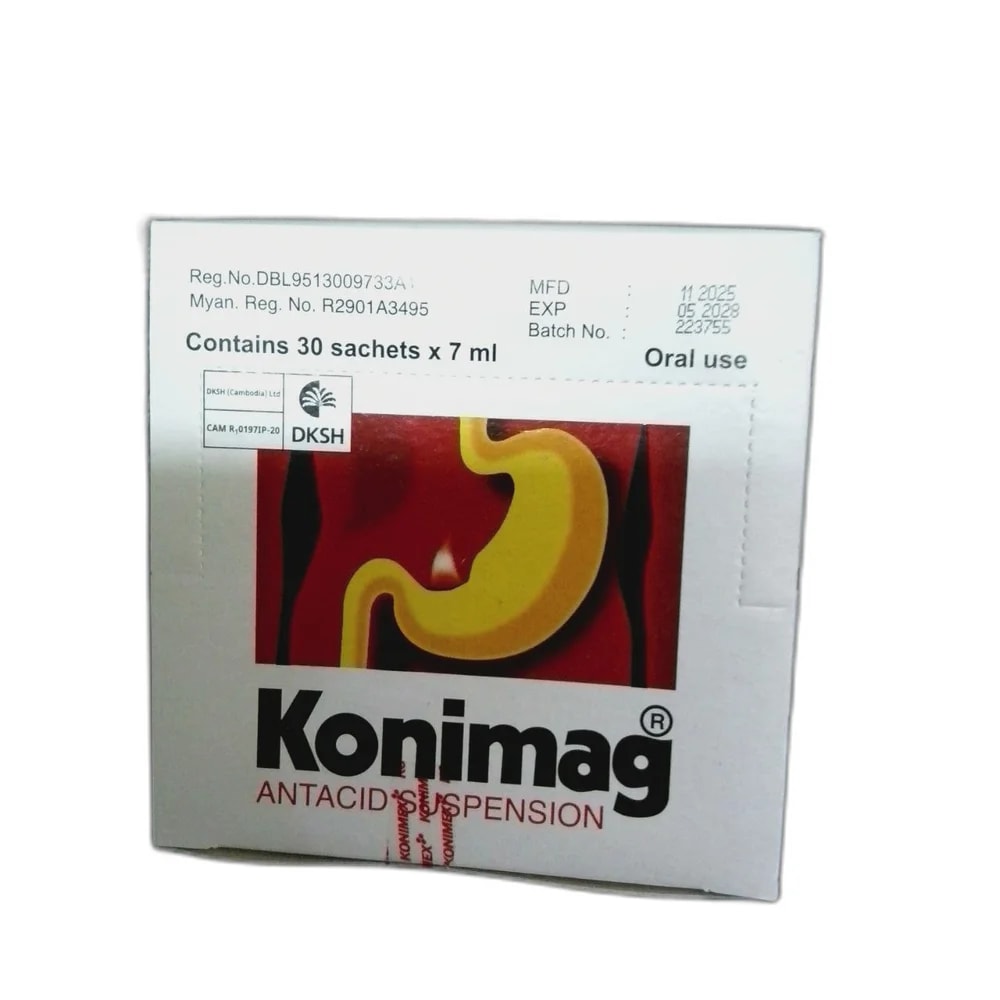 Konimag Magnesium trisilicate 300 mg / aluminium hydroxide 300 mg / simethicone 25 mg per 7 mL sachet - Pharmarcy Tareach